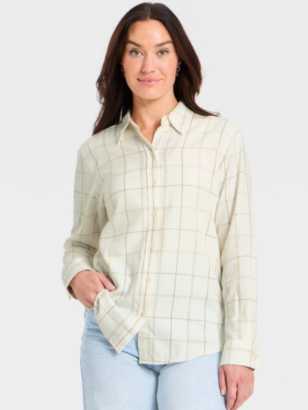 NWT XS Relaxed Fit Cream Collared Flannel Plaid Button Down Long Sleeve Shirt